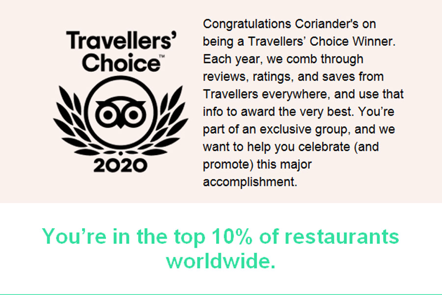 coriander's restaurant is tripadvisor traveller's choice